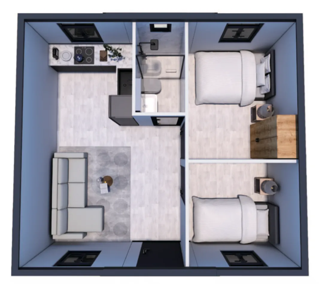 Plano 3D del modelo P20 DC HOME con salón cocina baño y dormitorios
