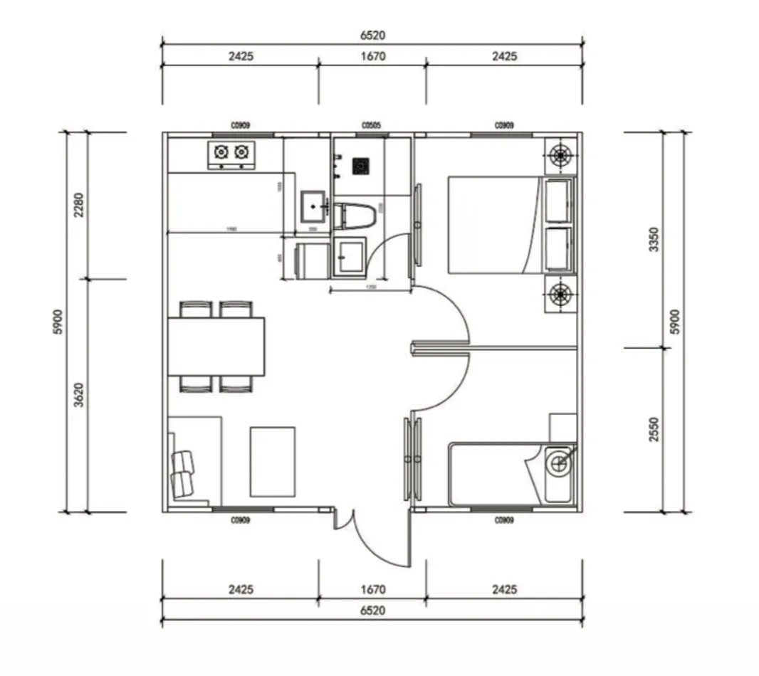 Plano técnico del modelo P20 DC HOME con medidas