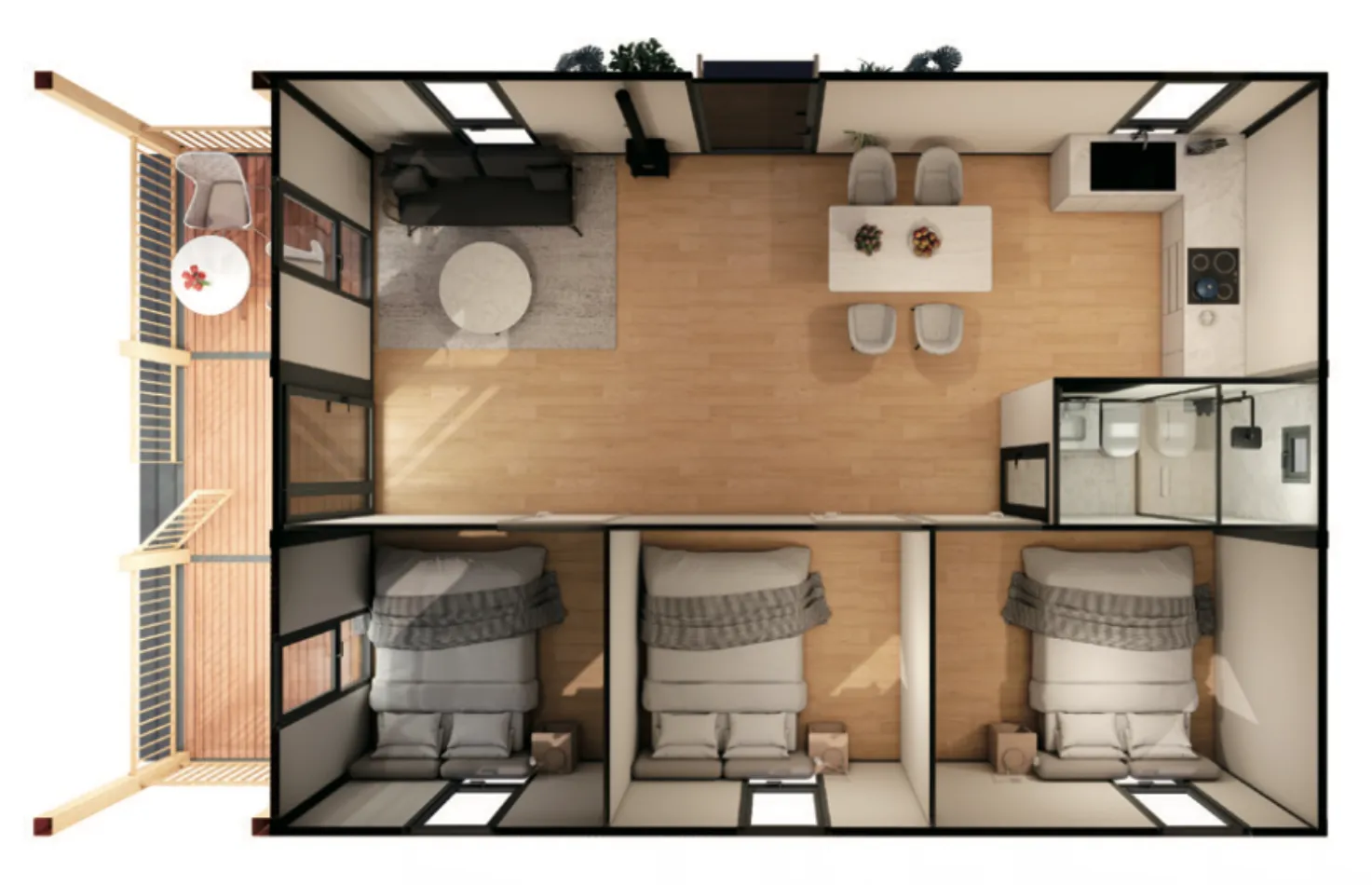 Plano 3D del modelo P30 DC HOME con salón cocina baño dormitorios y terraza