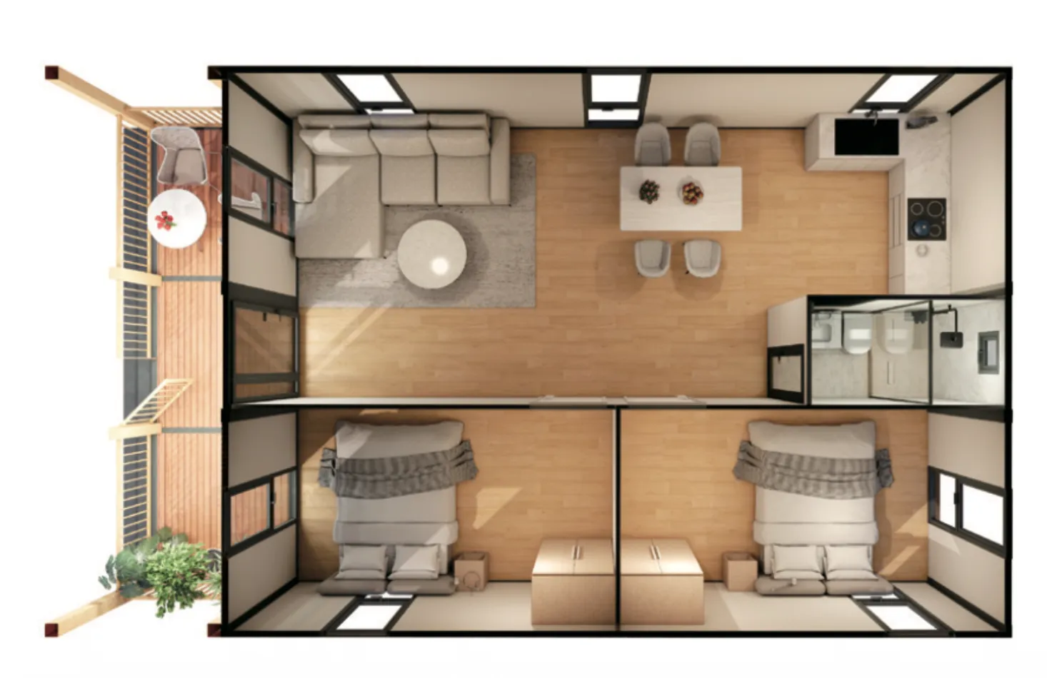 Distribución 3D del modelo P30 DC HOME con terraza exterior