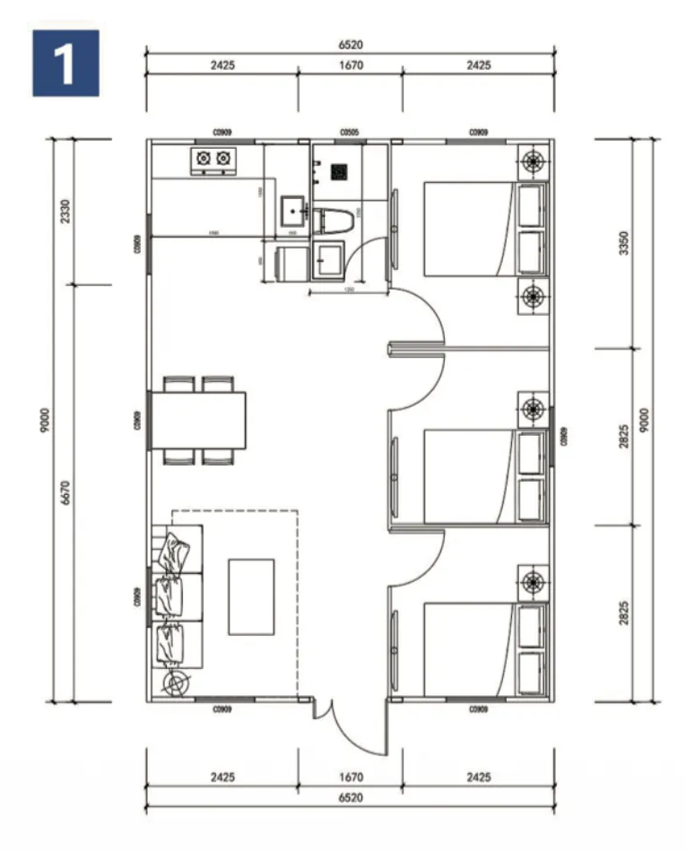 Plano técnico opción 1 del modelo P30 DC HOME con tres dormitorios