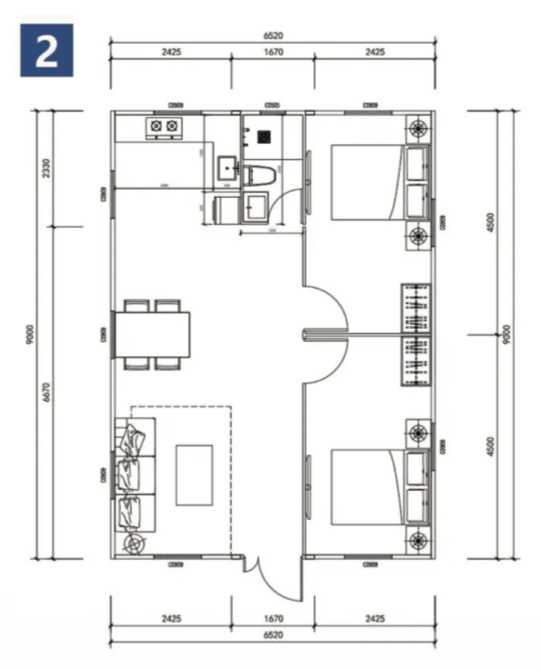 Plano técnico opción 2 del modelo P30 DC HOME con dos dormitorios