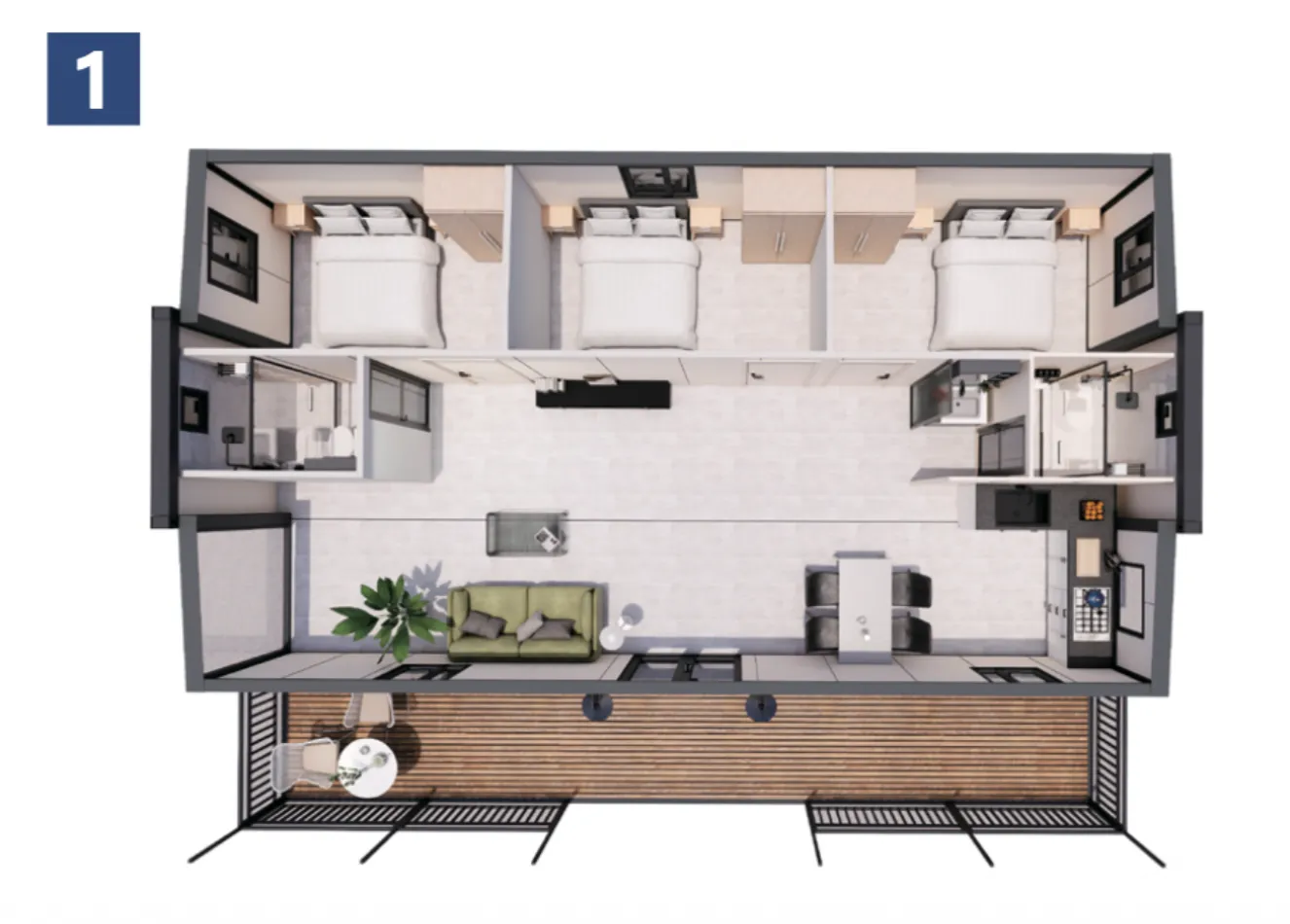 Plano 3D del modelo P40 DC HOME con salón cocina baños dormitorios y terraza