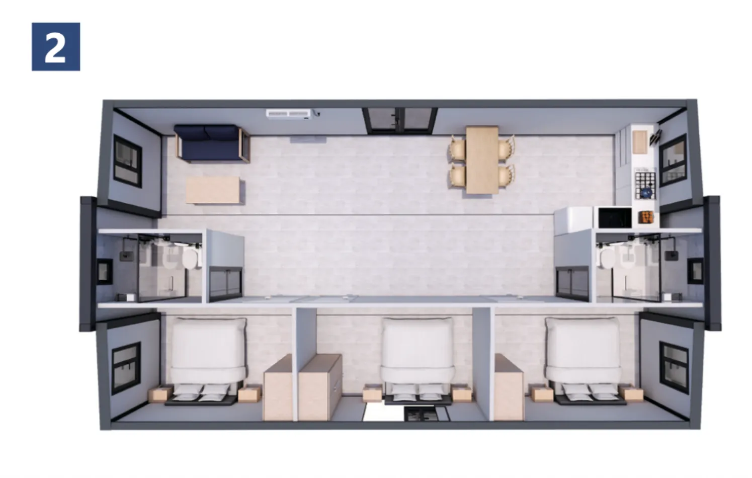 Distribución 3D del modelo P40 DC HOME con tres dormitorios y doble zona de baño