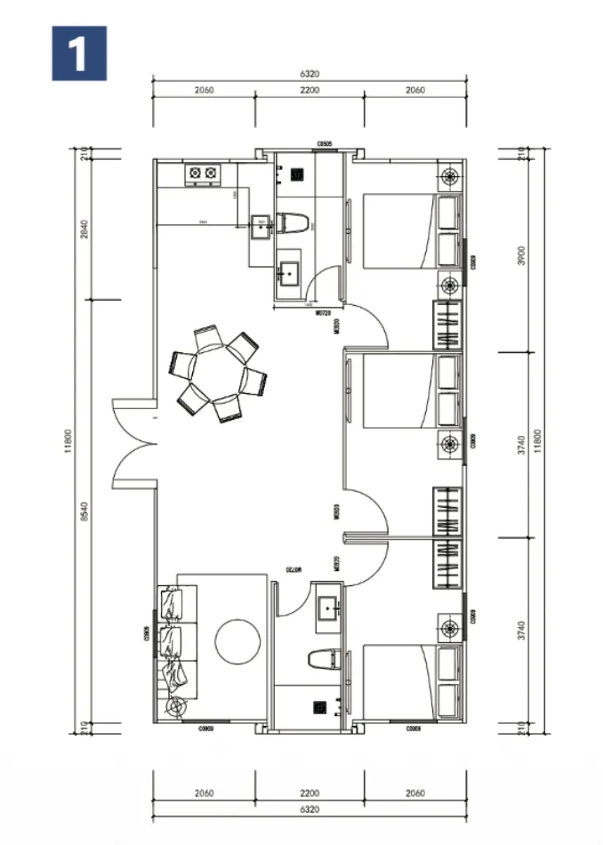Plano técnico opción 1 del modelo P40 DC HOME con medidas y tres dormitorios